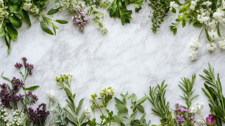Fresh spring herbs and flowers on a marble background, viewed from above. Copy space on the top.の素材