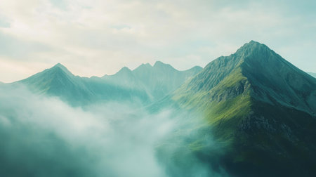 High-angle shot of a mountain range with morning mist, leaving room for a message in the skyの素材
