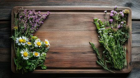 Fresh spring herbs and flowers arranged on a wooden cutting board, viewed from above. Copy space on the right.の素材