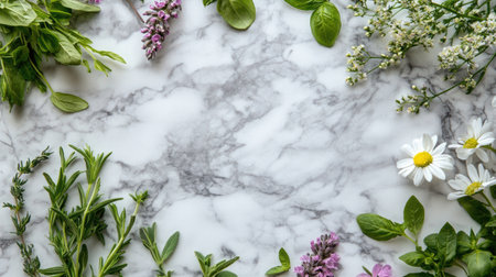 Fresh spring herbs and flowers on a marble background, viewed from above. Copy space on the top.の素材