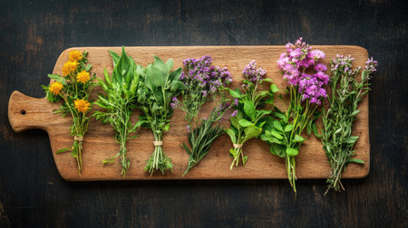 Fresh spring herbs and flowers arranged on a wooden cutting board, viewed from above. Copy space on the right.の素材