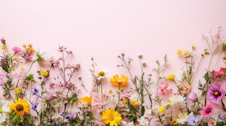 Freshly picked wildflowers scattered on a light pink background, with ample copy space on the top.の素材