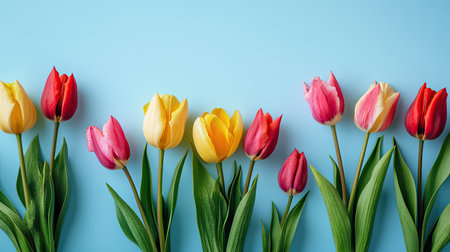 Fresh spring tulips arranged on a light blue background, with ample copy space on the right.の素材