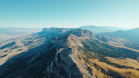 Aerial view of a majestic mountain range with a clear blue sky above and ample space for text on the horizonの素材
