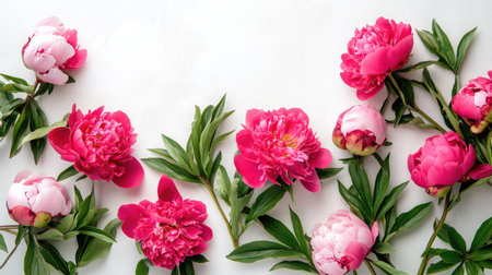 Fresh spring peonies arranged on a white background, viewed from above. Ample copy space on the right.の素材