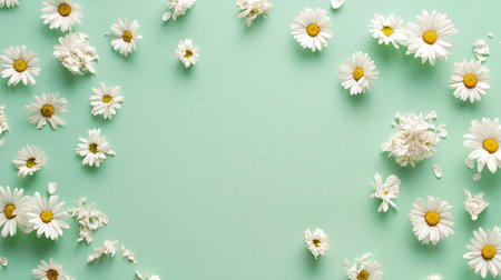 Freshly bloomed daisies scattered on a light green background. Copy space on the top side.の素材