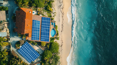 Aerial perspective of solar panels on a beachfront property, with ocean and sky for text placement.の素材