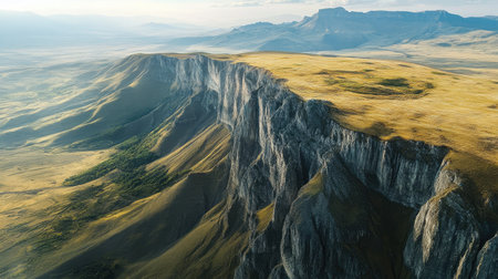 Aerial shot of a mountain ridge and expansive plains below, with open sky for text insertionの素材