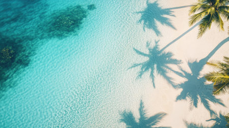 Overhead view of a tropical sea with palm shadows on the shore and crystal-clear water. Copy space to the rightの素材