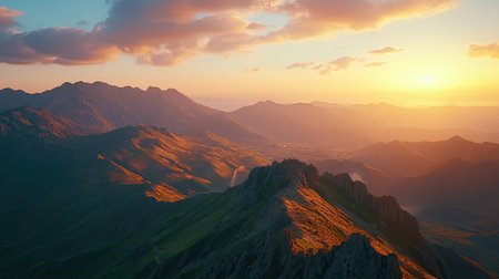 Overhead view of a mountain landscape at sunset, with open sky for textの素材