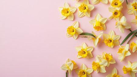 Freshly picked daffodils scattered on a light pink background, viewed from above. Copy space on the top.の素材
