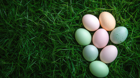 Pastel-colored Easter eggs nestled in green grass, top view. Ample copy space around.の素材