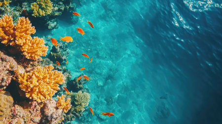 Top view of a vibrant coral reef beneath clear sea water with fish swimming, leaving space for text around the reef.の素材