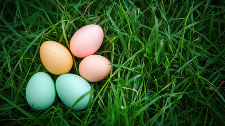 Pastel-colored Easter eggs nestled in green grass, top view. Ample copy space around.の素材