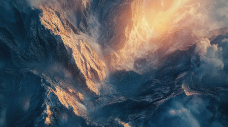 Top-down view of a dramatic mountain landscape at sunset, with ample space for text in the glowing skyの素材