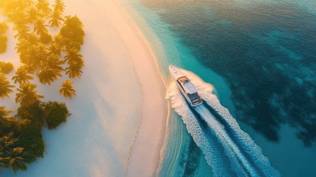 Aerial view of a boat cruising along a white sandy beach during sunset, tropical vibes with soft, glowing lightの素材