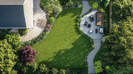 Aerial view of a landscape design plan featuring a house, garden paths, trees, and outdoor seating areas, with space for text overlay.の素材
