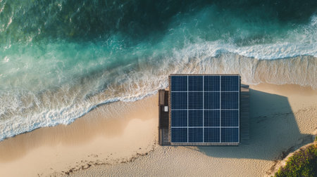 Aerial perspective of solar panels on a beachfront property, with ocean and sky for text placement.の素材