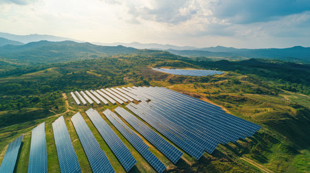 Aerial view of a large solar farm in a hilly area, with open sky for text placement.の素材