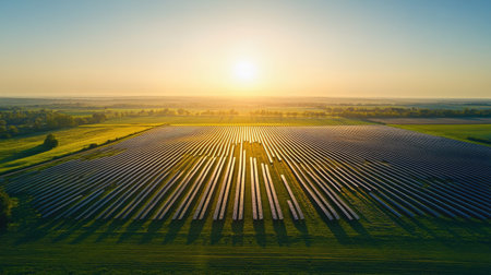 Aerial shot of a vast solar farm in a rural area, with fields and clear sky for copy space.の素材