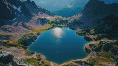 Aerial view of a serene mountain lake surrounded by peaks, with space for text in the upper partの素材