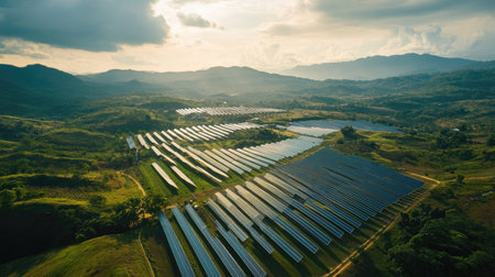 Aerial view of a large solar farm in a hilly area, with open sky for text placement.の素材