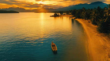 Aerial view of a tropical beach with a boat in the foreground, golden sunset light reflecting on calm watersの素材