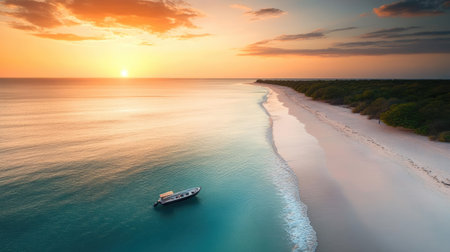 Aerial view of a tropical shoreline with a boat and white sand, sunset creating a serene and peaceful atmosphereの素材