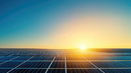 Aerial view of a solar farm with rows of solar panels in the sunlight, clear blue sky above for text placement.の素材