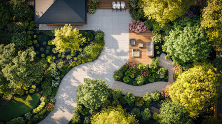 Aerial view of a landscape design plan featuring a house, garden paths, trees, and outdoor seating areas, with space for text overlay.の素材