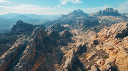 Aerial shot of a rocky mountain range with a clear sky, ideal for placing a messageの素材