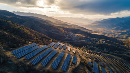 Aerial perspective of solar panels on a mountain slope, with surrounding landscape and sky for copy space.の素材