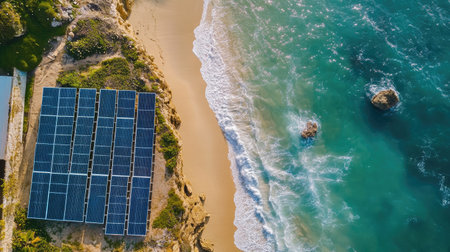 Aerial perspective of solar panels on a beachfront property, with ocean and sky for text placement.の素材