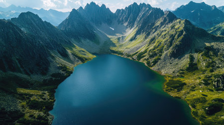 Aerial view of a serene mountain lake surrounded by peaks, with space for text in the upper partの素材