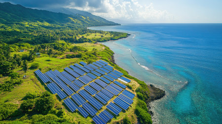 Aerial view of solar panels on a remote island, surrounded by ocean, with open sky for text placement.の素材