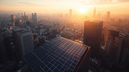 Bird's eye view of solar panels on a high-rise building, with cityscape and sky providing space for copy.の素材
