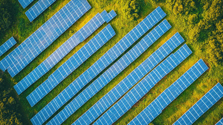 Bird's eye shot of solar panels arranged in neat rows on a hillside, with blue sky for copy space.の素材