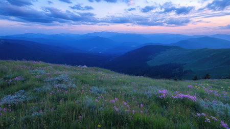 High-angle view of a mountain landscape at dusk, leaving space for text in the evening skyの素材