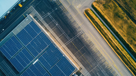Aerial view of solar panels on an airport roof, with runways and open sky for text placement.の素材