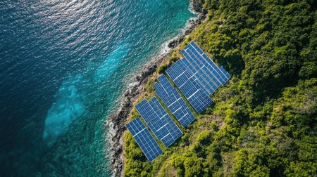 Aerial view of solar panels on a remote island, surrounded by ocean, with open sky for text placement.の素材