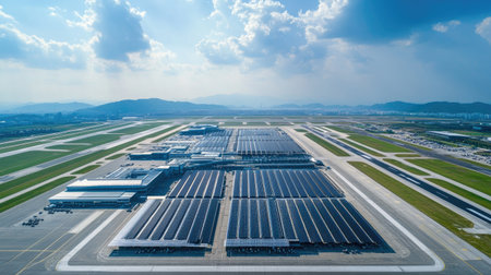 Aerial view of solar panels on an airport roof, with runways and open sky for text placement.の素材
