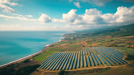 Bird's eye view of a solar farm near the coast, with the ocean in the background, and copy space in the sky.の素材