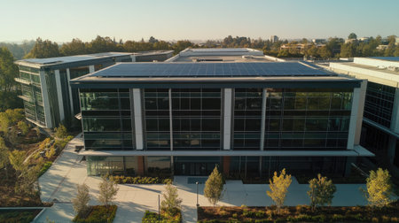 Bird's eye view of solar panels on a modern office building, with urban landscape and clear sky for text.の素材