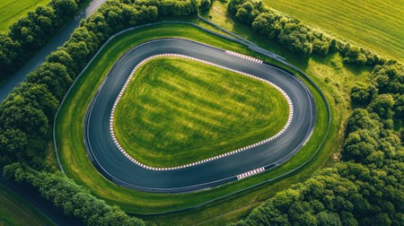 Bird's eye view of a race track, with winding turns and straight sections, set against green surroundings, ample copy space on either side.の素材