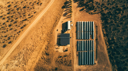 Bird's eye view of a solar power plant in a dry landscape, with clear sky for text.の素材