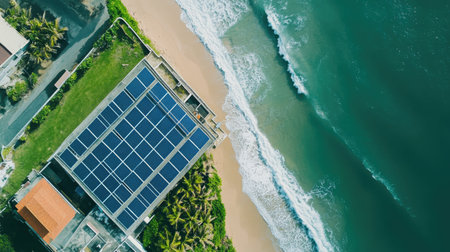 Bird's eye view of solar panels on a coastal building, with ocean in the background and sky for text.の素材