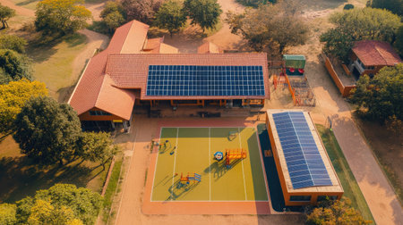 Bird's eye view of solar panels on a rural school, with playground and surrounding landscape for text.の素材