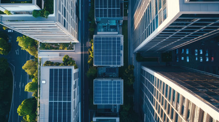 Bird's eye view of solar panels on a modern office building, with urban landscape and clear sky for text.の素材