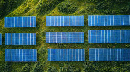 Bird's eye shot of solar panels arranged in neat rows on a hillside, with blue sky for copy space.の素材
