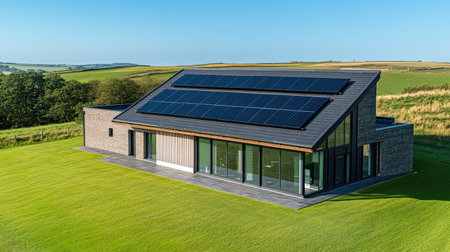 Bird's eye view of solar panels on a modern house in the countryside, with clear sky for text.の素材